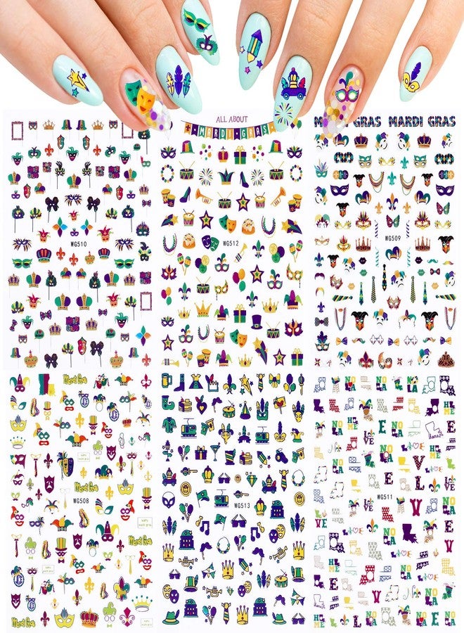 Konsait Mardi Gras Nail Art Stickers(500 Patterns), Self-Adhesive Carnival Nail Decals, Necklace Clown Crown Golden Yellow Green Nail Decoration Sticker, for Girls Women Nail Salon Gifts - Image 1